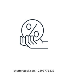 Percentage symbol in hand.  Proposal discount concept.  Vector linear illustration icon isolated on white background.