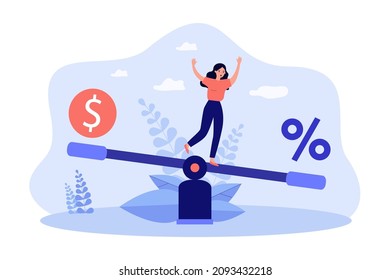 Percentage symbol and money on balancing scales with woman. Person measuring interest rate flat vector illustration. Bank credit, investment concept for banner, website design or landing web page