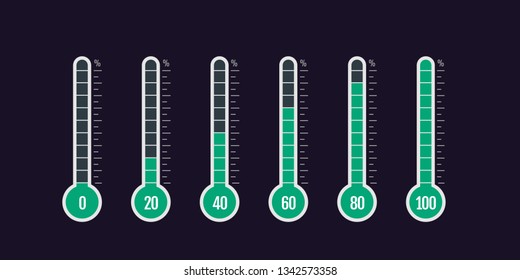 Percentage thermometer. Temperature thermometers with percentages scale. Thermostat temp business goal measurement vector isolated set