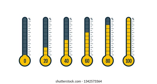 Percentage thermometer. Temperature thermometers with percentages scale. Thermostat temp business goal measurement vector isolated set