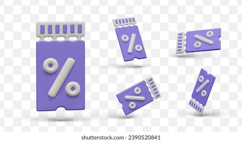 Percentage ticket icon for supermarket. Realistic ticket for discount. Business, sales and discounts. Delivery concept. Vector illustration in 3d style