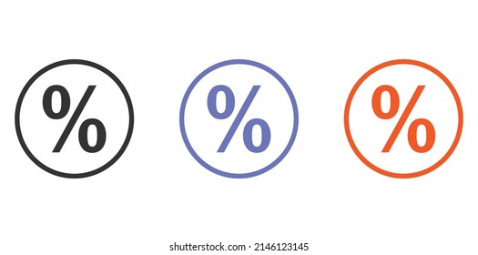Prozentuales Vektorsymbol. Discount-Konzept, modernes Symbol einzeln auf weißem Hintergrund in drei verschiedenen Stilen.