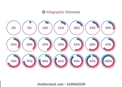 Percentage vector infographic icons. 0 5 10 15 20 25 30 35 40 45 50 55 60 65 70 75 80 85 90 95 100 percent pie chart symbols. Gradient circle signs for download, web design, business