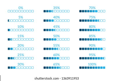 Percentage vector infographic icons isolated. 5 10 15 20 25 30 35 40 45 50 55 60 65 70 75 80 85 90 95 100 0 percent square charts set for business, finance, web, design, download, progress, template