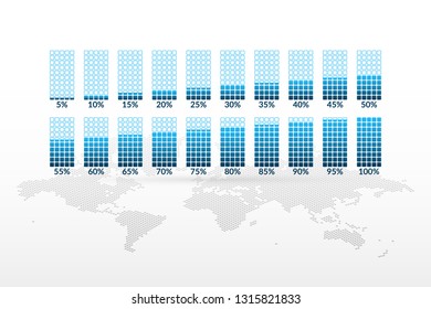 Percentage vector infographic icons on world map background. 5 10 15 20 25 30 35 40 45 50 55 60 65 70 75 80 85 90 95 100 percent square charts for business, web, downloading, progress, template