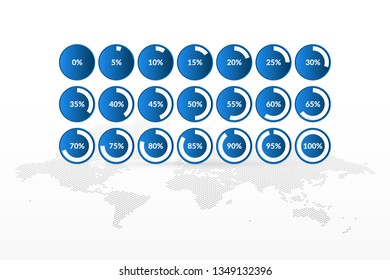 Percentage vector infographic icons set on world map background. 5 10 15 20 25 30 35 40 45 50 55 60 65 70 75 80 85 90 95 100 0 percent  pie charts for business, web, download, progress, template