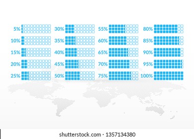 Percentage vector infographic icons set on world map background. 5 10 15 20 25 30 35 40 45 50 55 60 65 70 75 80 85 90 95 100 percent charts set for business, web, design, download, progress, template