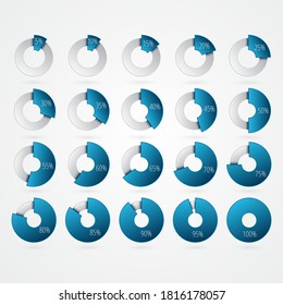 Percentage vector infographic icons set. 5 10 15 20 25 30 35 40 45 50 55 60 65 70 75 80 85 90 95 100 percent chart signs for business, web design, download, progress, presentation, finance