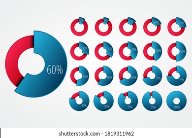 Percentage vector infographic icons set. 5 10 15 20 25 30 35 40 45 50 55 60 65 70 75 80 85 90 95 100 percent chart signs for business, web design, download, progress, presentation, finance