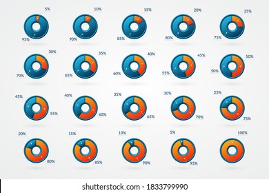 Percentage vector infographic icons set. 5 to 100 percent chart signs for business, finance, design, downloading