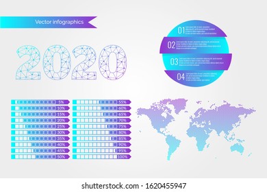 Percentage vector infographic symbol set, 5 to 100 percent gradient pie chart signs. Four steps circle icon. World Map. 2020 sign for business, finance