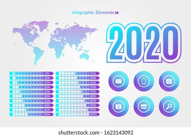 Percentage vector infographic symbol set, 5 to 100 percent gradient pie chart signs. Circle business icons, sms, credit card, calendar, mobile, lens. World Map. 2020 sign