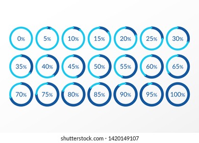 Percentage vector infographics. 0 5 10 15 20 25 30 35 40 45 50 55 60 65 70 75 80 85 90 95 100 percent pie chart symbols. Isolated circle icons for business, download, web design