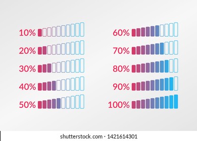 Percentage vector infographics. 10 20 30 40 50 60 70 80 90 100 percent chart symbols. Isolated icons for business, download, sound, web design, template
