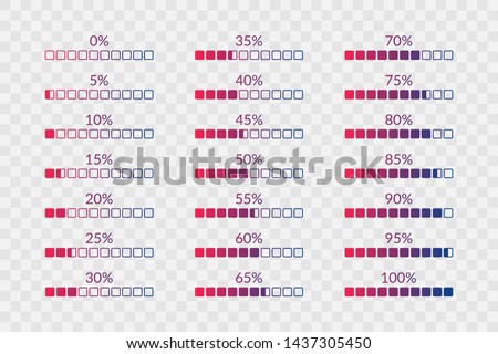 Percentage vector symbols. 5 10 15 20 25 30 35 40 45 50 55 60 65 70 75 80 85 90 95 100 0 percent square charts on transparent background. Icons set for web, design, download, progress