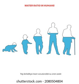 The percentage of water in the human, male body. Rate, rate h2o. Silhouettes of women filled with 0, 30, 50, 70% blue liquid. Gray blue suitable girl figures. white back. vector vector