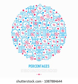 Percentages concept in circle with thin line icon: loan, credit, offer, interest rate, sale, discount, percentage graph of growth or fall, leasing, on screen of laptop. Modern vector illustration.