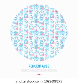 Percentages concept in circle with thin line icon: loan, credit, offer, interest rate, sale, discount, percentage graph of growth or fall, leasing, on screen of laptop. Modern vector illustration.