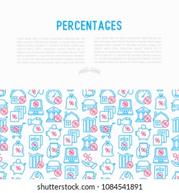 Percentages concept with thin line icon: loan, credit, offer, interest rate, sale, discount, percentage graph of growth or fall, leasing, on screen of smartphone. Modern vector illustration.