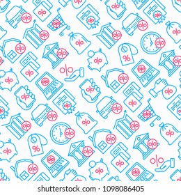 Percentages seamless pattern with thin line icon: loan, credit, offer, interest rate, sale, discount, percentage graph of growth or fall, leasing, on screen of smartphone, laptop. Vector illustration.