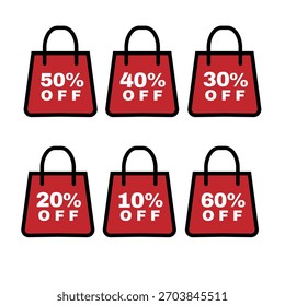 Percent-off sticker set (10%–60%) placed inside a shopping bag, perfect for promo designs, ads, and discount visuals.