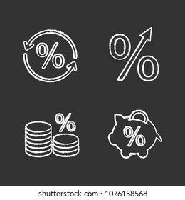 Percents chalk icons set. Percentage rise, piggy bank, coin stack, saving money, percent conversion. Isolated vector chalkboard illustrations