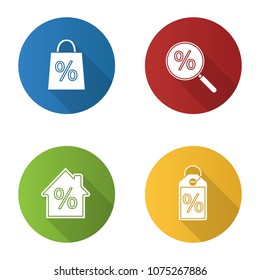 Percents flat design long shadow glyph icons set. Sale, discounts search, house mortgage, tag with percent. Vector silhouette illustration
