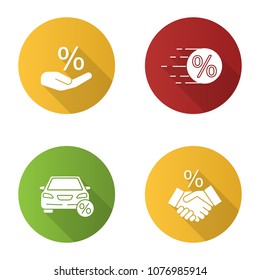 Percents flat design long shadow glyph icons set. Discount offer, sale, auto loan, business deal. Vector silhouette illustration