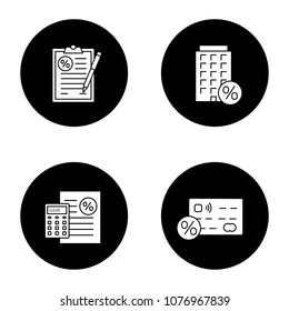 Percents glyph icons set. Financial document, flat loan discount, percent calculator, credit card interest rate. Vector white silhouettes illustrations in black circles