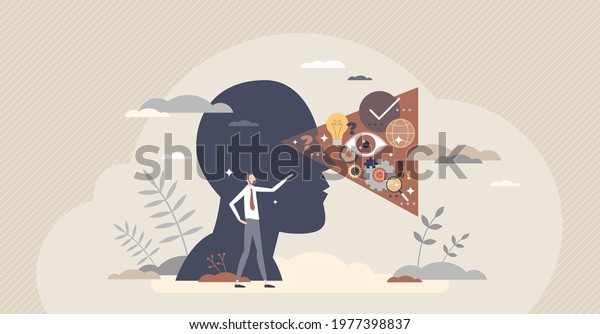Perception as ability to identify sensory\
information tiny person concept. See, hear, smell and touch\
reflection in brain as personal cognition viewpoint vector\
illustration. Reality perspective\
view.