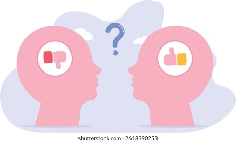 O processo de percepção para interpretar informações, pensamentos ou opiniões depende da personalidade ou perspectiva, viés de diferença ou conceito de ilusão, cabeça humana olhando para o objeto com percepção de diferença.