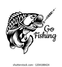 Perch fish bend in engrving style. Logo for fishing, championship and sport club on white