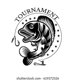 Perch fish and fisherman with fishing rod in engraving style. Logo for fishing, championship and sport club on white