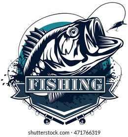 Perch fish and fishing rod logo. Bass fish vector illustration can be used for creating logos and emblems for fishing clubs, prints, web and other crafts.