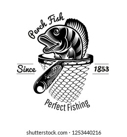 Perch head up from landing net in engraving style. Logo for fishing or fishing shop isolated on white 