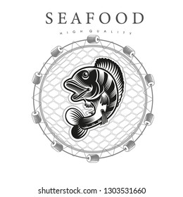 Perch in jump, in the center round fishing nets on white background. Logo for fish products or seafood in woodcut style