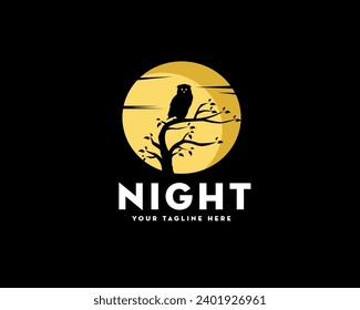 perch owl at branch moon fondo logo icono símbolo diseño ilustración inspiración