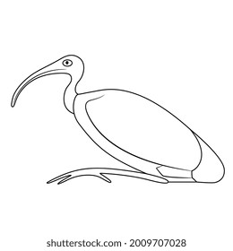 Perched ibis bird. Sacred animal of god Thoth. Ancient Egyptian mythology. Black and white linear silhouette.