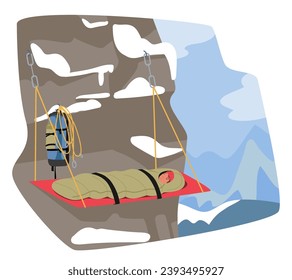 Perched On A Cliff Edge, A Daring Mountain Climber Character Snoozes In A Hanging Bed, Suspended In Midair, Surrounded By The Tranquil Embrace Of Lofty Peaks. Cartoon People Vector Illustration