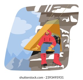 Perched On A Mountain Ledge, Climber Enjoys Serene Solitude Inside A Hanging Tent, Suspended Against The Breathtaking Backdrop, Finding Peace Amidst The Lofty Peaks And Crisp Air. Vector Illustration