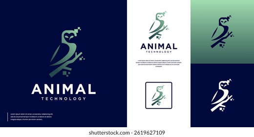 logotipo coruja empoleirada, com conceito de tecnologia moderna, floco de byte de pixel, ilustração de design gráfico.
