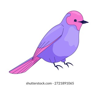 Pájaro púrpura encaramado con el carácter rosado de la historieta de la cabeza 2D. Pájaro cantor en vista lateral sentado tranquilamente con alas de aviar vibrantes y plumas de animal de Vector plano aislado en blanco. Ilustración de punto colorido