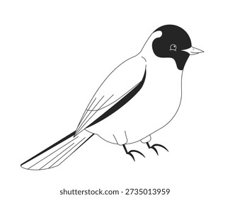 Pájaro blanco encaramado con el carácter negro de la línea de la cabeza 2D. Pájaro cantor en vista lateral sentado tranquilamente con alas aviares vibrantes y plumas aisladas de tinta de Vector contorno animal. Ilustración de punto monocromático