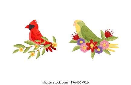 Perching Bird Sitting on Floral Twig and Nest with Blossoming Flowers Vector Set