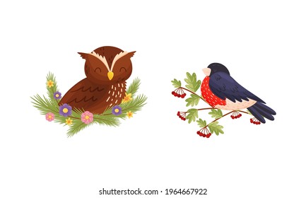 Perching Bird Sitting on Floral Twig and Nest with Blossoming Flowers Vector Set