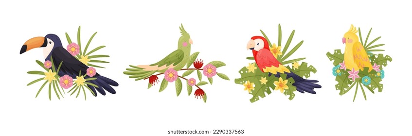 Perching Bird Sitting on Floral Twig or Branch with Blossoming Flowers Vector Set