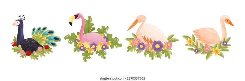 Perching Bird Sitting on Floral Twig or Branch with Blossoming Flowers Vector Set