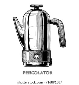 Percolator. Vector hand drawn illustration of coffee machine in vintage engraved style. isolated on white.