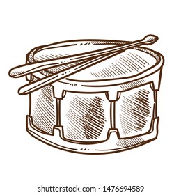 Percussion or drum with drumsticks isolated sketch, musical instrument vector. Music creation or sound recording, studio equipment, beat and rhythm. Pop and rock, instrumental melody or song playing