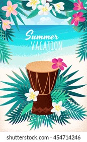 Percussion drum with palm leaves and frangipani (plumeria) flowers. Design for tropical beach party, open air festival, hippie or ethnic music concert. Poster, invitation, flyer. Place for your text